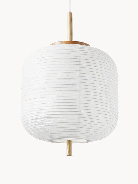 Designová závěsné svítidlo z rýžového papíru Misaki, Bílá, světlé dřevo, Ø 35 cm, V 63 cm