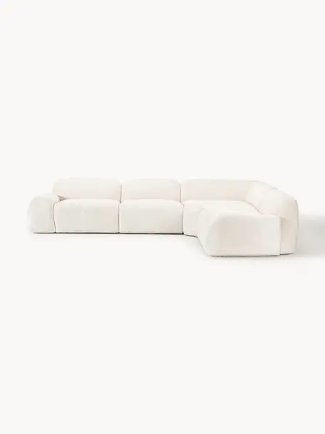 Narożna sofa modułowa (4-osobowa) Teddy-Bouclé Wolke, Tapicerka: Teddy-Bouclé (100% polies, Stelaż: drewno sosnowe, drewno św, Nogi: tworzywo sztuczne Ten pro, Teddy-Bouclé w odcieniu złamanej bieli, S 349 x G 262 cm