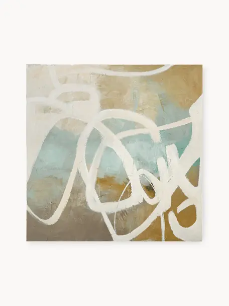Peinture sur toile réalisée à la main Notify, Blanc cassé, bleu ciel, doré, gris, larg. 98 x haut. 98 cm