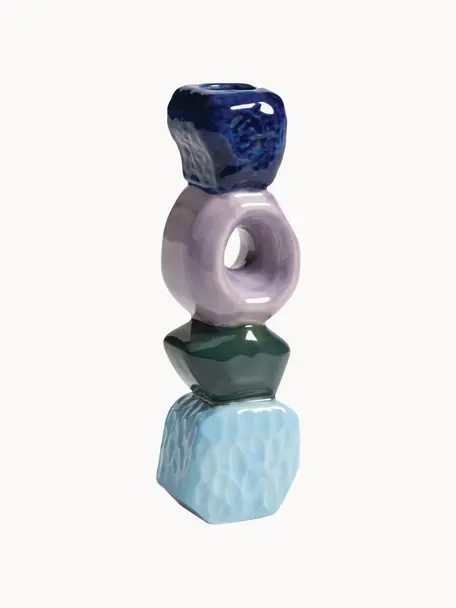Svícen Crafty, Glazovaná kamenina, Tmavě modrá, fialová, tmavě zelená, světle modrá, Š 4 cm, V 16 cm