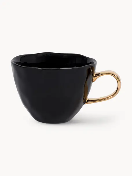 Tasse Good Morning mit goldenem Griff, Steingut, Schwarz, Ø 11 x H 8 cm, 350 ml