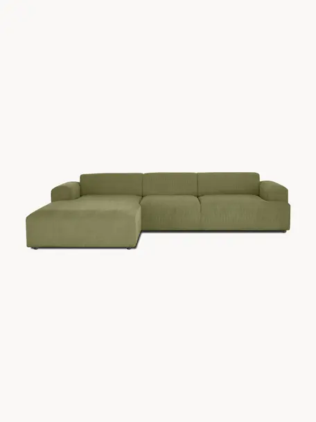 Sofa narożna ze sztruksu Melva (4-osobowa), Tapicerka: sztruks (92% poliester, 8, Stelaż: lite drewno sosnowe, cert, Nogi: tworzywo sztuczne, Oliwkowozielony sztruks, S 319 x G 196 cm, lewostronna