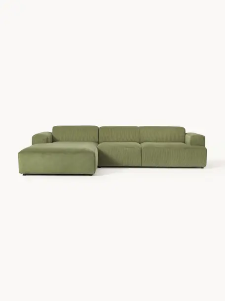 Cord-Ecksofa Melva (4-Sitzer), Bezug: Cord (92% Polyester, 8% P, Gestell: Massives Kiefernholz, Spa, Füße: Kunststoff Dieses Produkt, Cord Olivgrün, B 319 x T 195 cm, Eckteil links