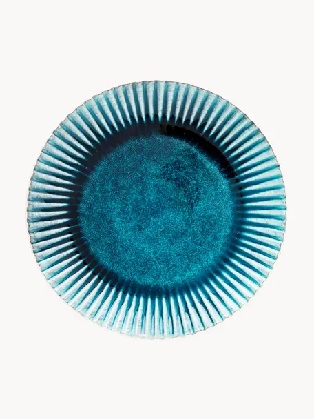 Platos llanos artesanales Mustique, 4 uds., Cerámica de gres esmaltada, Turquesa, azul oscuro, blanco, Ø 29 cm