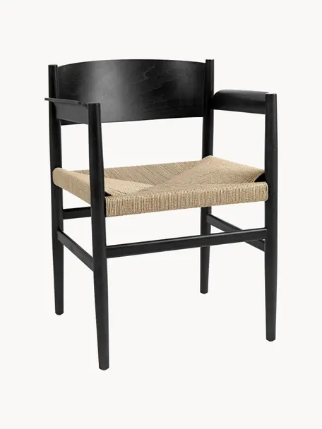 Silla con reposabrazos de madera y mimbre Nestor con geflochtener asiento, Asiento: malla de papel, Estructura: madera de haya Este produ, Beige claro, negro, An 56 x F 53 cm