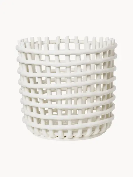 Cesta artesanal de cerámica Nalan, 32 cm, Cerámica, Blanco Off White, Ø 35 x Al 32 cm