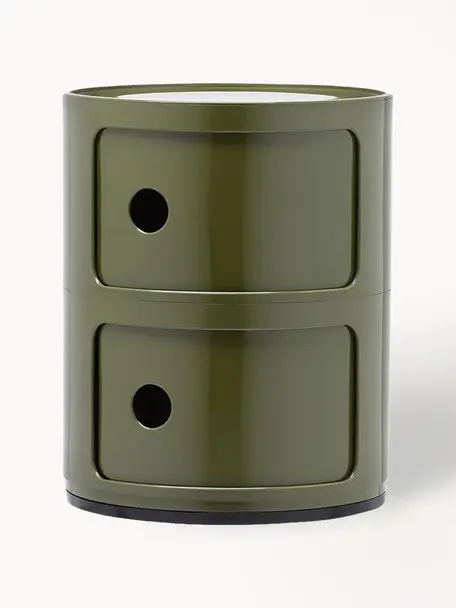 Designový odkládací stolek Componibili, 2 moduly, Lakovaná umělá hmota (ABS), certifikace Greenguard, Olivově zelená, lesklá, Ø 32 cm, V 40 cm