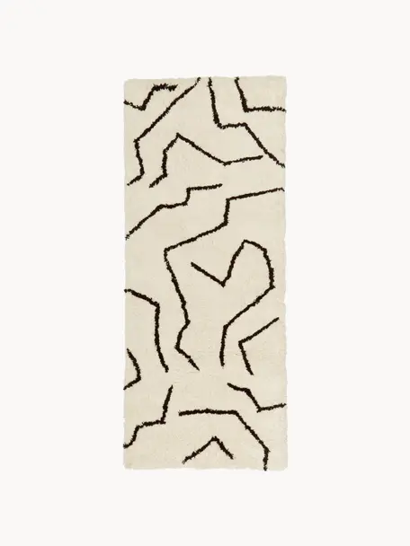 Handgetufteter Hochflor-Läufer Davin, Flor: 100% Polyester-Mikrofaser, Cremeweiss, Schwarz, B 80 x L 200 cm
