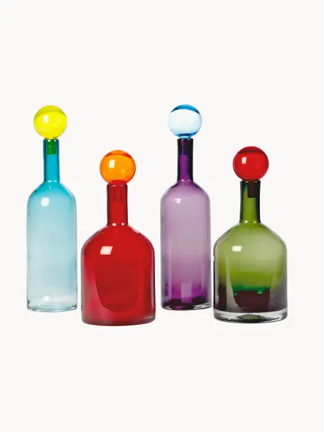 Komplet butelek ze szkła dmuchanego Bubbles, 4 elem., Szkło dmuchane, Wielobarwny, Komplet z różnymi rozmiarami