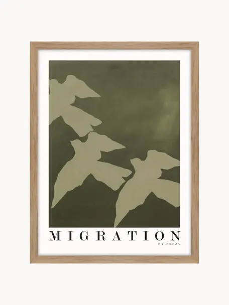 Impression numérique encadrée Migration, Tons verts, blanc, noir, larg. 30 x haut. 40 cm