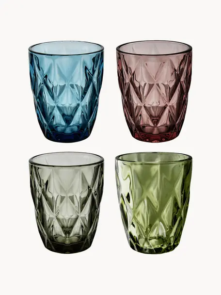 Set 4 bicchieri con motivo in rilievo Colorado, Vetro, Verde, malva, blu, grigio, Ø 8 x Alt. 10 cm, 260 ml