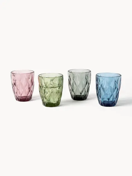 Set de vasos de colores con relieve Colorado, 4 uds., Vidrio, Azul, malva, gris, verde, Ø 8 x Al 10 cm, 260 ml