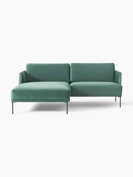 Sofa narożna z aksamitu Fluente, Tapicerka: aksamit (100% poliester) , Stelaż: lite drewno sosnowe z cer, Nogi: metal malowany proszkowo, Petrol aksamit, S 198 x G 152 cm, lewostronna