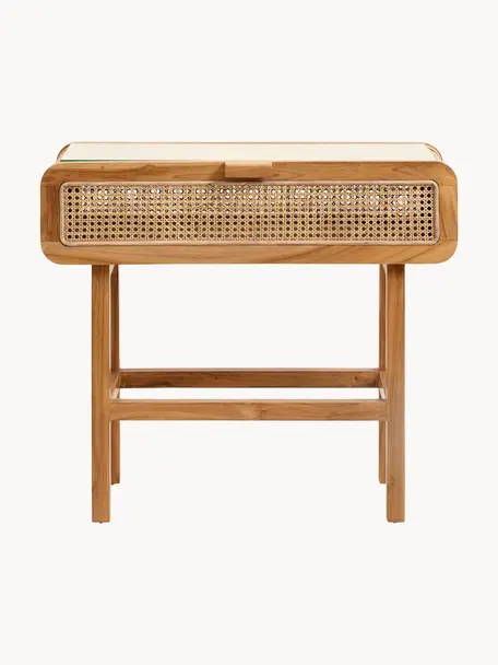 Teakhouten console Aising met rieten en glazen blad, Teakhoutkleurig, B 90 x D 35 cm