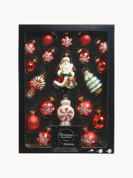 Baumanhänger-Set Glitter aus Glas, 20-tlg., Glas, Rot, Weiß, Grün, Goldfarben, Set mit verschiedenen Größen