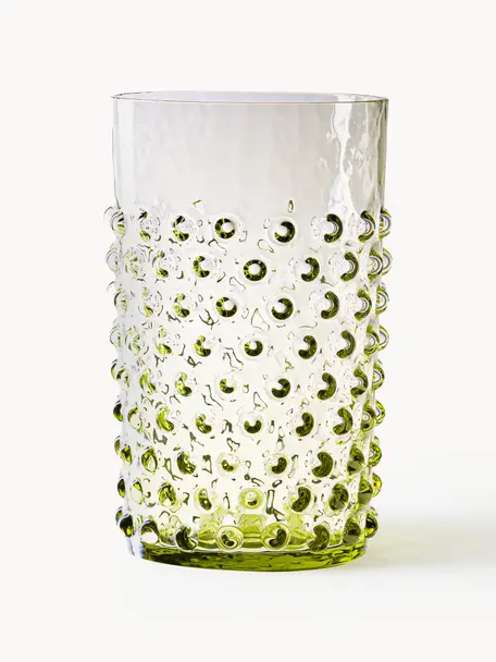 Set de vasos artesanales con relieves Hobnail, 6 uds., Vidrio, Verde oliva, Ø 7 x Al 11 cm, 200 ml