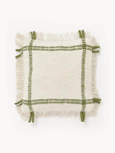Housse de coussin artisanale en coton avec franges Catalina, Beige clair, vert olive, larg. 45 x long. 45 cm