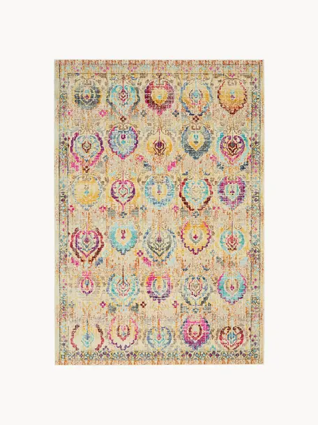 Tappeto a pelo corto con ornamenti Kashan, Retro: lattice, Beige chiaro, multicolore, Larg. 230 x Lung. 300 cm (taglia L)