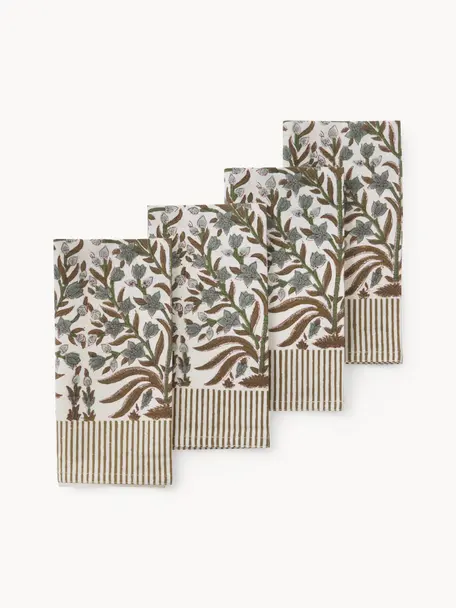 Serviettes avec motif à fleurs Jasmine, 4 pièces, 100 % coton, Vert olive, brun, blanc cassé, larg. 45 x long. 45 cm (taille M)