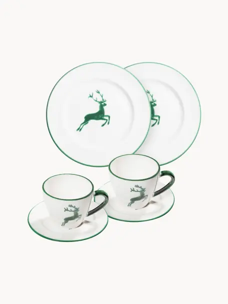 Set de café artesanal Grüner Hirsch, 6 pzas., Cerámica, Blanco, verde, 2 comensales (6 pzas.)