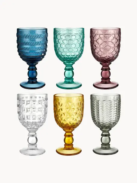 Weingläser Geometrie mit Strukturmuster, 6er-Set, Glas, Bunt, Transparent, Ø 9 x H 17 cm