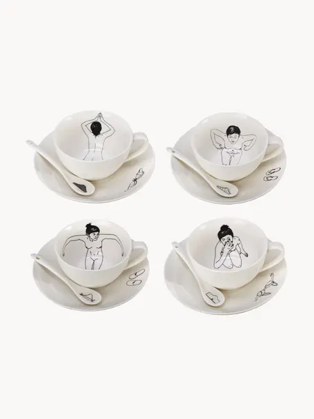 Handbemalte Kaffeetassen Undressed mit Untertassen und Löffeln, 4er-Set, Porzellan, Off White, Ø 10 x H 6 cm, 220 ml