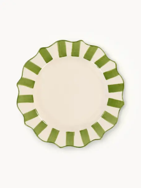 Handgemaakte ontbijtbord Scalloped, Keramiek, Groen, wit, Ø 22 cm