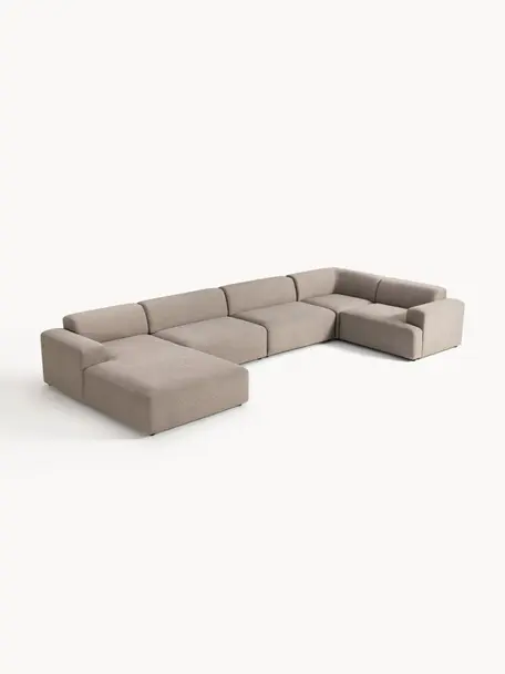 Sofa narożna XL Melva, Tapicerka: 100% poliester Dzięki tka, Stelaż: lite drewno sosnowe i świ, Nogi: tworzywo sztuczne Ten pro, Greige tkanina, S 458 x G 220 cm, prawostronna