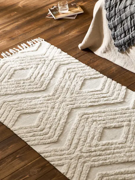 Tapis de couloir en coton tissé main Ziggy, 100 % coton, Blanc crème, larg. 80 x long. 200 cm