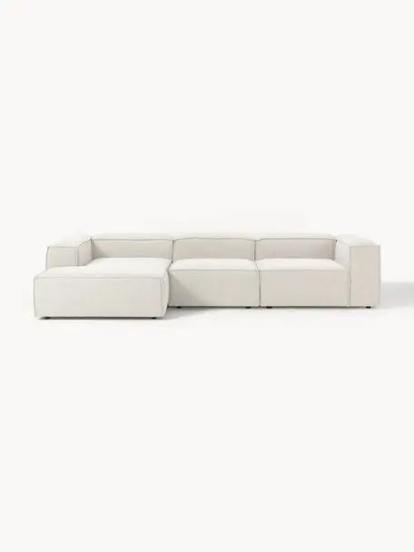 Modulares Ecksofa Lennon aus Bouclé, Bezug: Bouclé (100 % Polyester) , Gestell: Massives Kiefernholz, Spe, Füße: Kunststoff Dieses Produkt, Bouclé Off White, B 327 x T 180 cm, Eckteil links