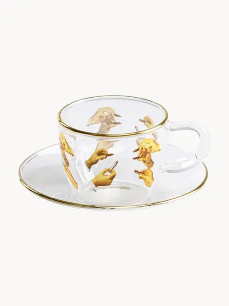 Taza de café con platito de diseño Lipsticks, Borde: oro, Transparente, amarillo, Ø 7 x Al 5 cm, 110 ml