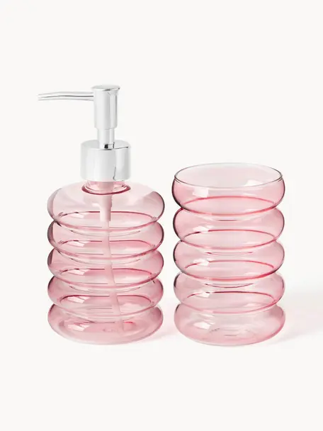 Set 2 accessori da bagno in vetro soffiato Bubbly, Testa della pompa: plastica, Rosa chiaro, trasparente, Set in varie misure