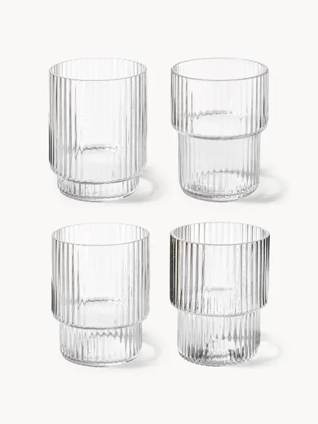 Vasos de agua soplados con relieves Ripple, 4 uds., Vidrio soplado artesanalmente, Transparente brillante, Ø 7 x Al 9 cm, 200 ml