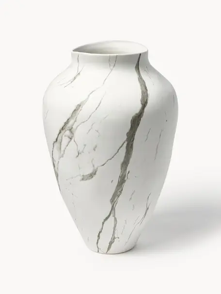 Handgefertigte Vase Latona, H 41 cm, Steingut, Weiß, Grau, marmoriert, matt, Ø 27 x H 41 cm