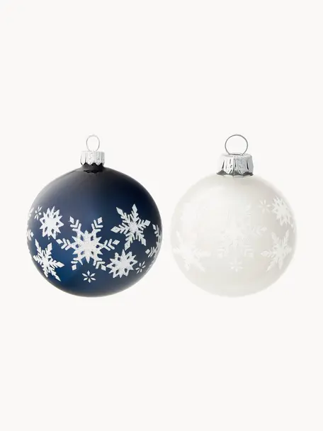 Mundgeblasene Weihnachtskugeln Snowflake, 6er-Set, Glas, Blautöne, Weiß, Silberfarben, Ø 8 x H 8 cm