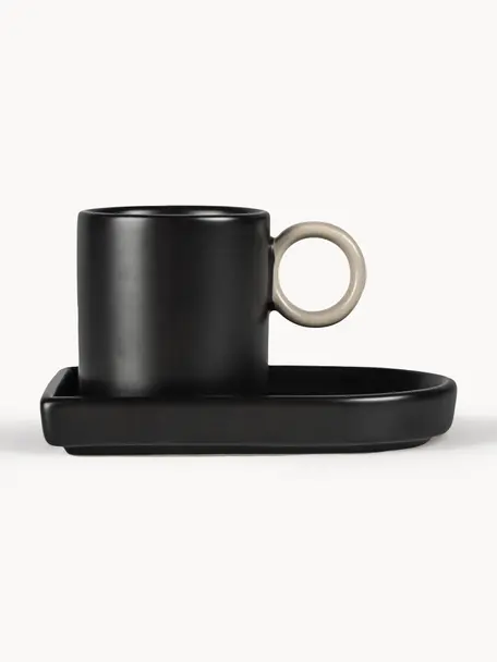 Tasses à expresso avec sous-tasse en porcelaine Niki, 2 pièces, Porcelaine, Noir, beige clair, Ø 6 x haut. 6 cm, 80 ml