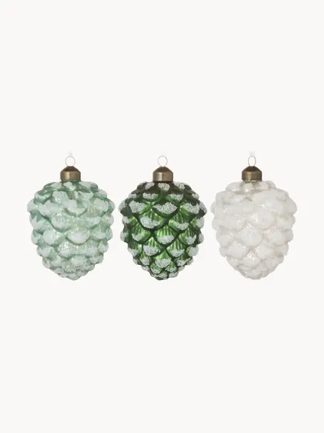 Baumanhänger-Set Pine, 12-tlg., Glas, Weiß, Silberfarben, Grün, glitzernd, Ø 7 x H 10 cm