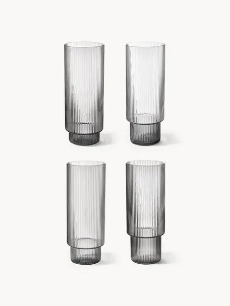 Mundgeblasene Longdrinkgläser Ripple mit Rillenrelief, 4er-Set, Glas, mundgeblasen, Grau, transparent und glänzend, Ø 6 x H 14 cm, 300 ml