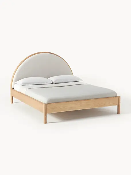 Letto in legno con testiera imbottita Sean, Struttura: legno di frassino massicc, Tessuto beige, legno di frassino chiaro, Larg. 140 x Lung. 200 cm