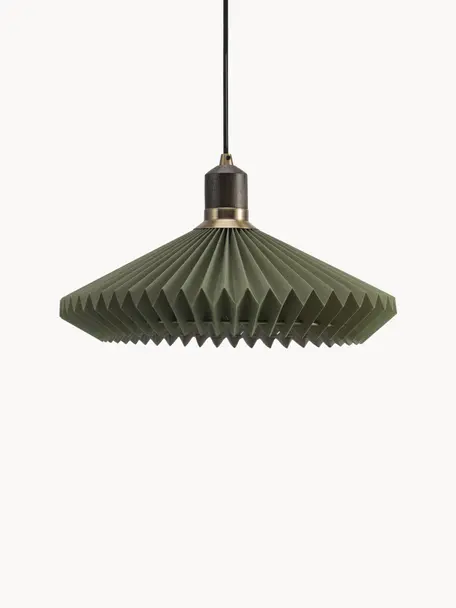 Hanglamp Paris, Ø 40 cm, Lampenkap: kunstvezel, Decoratie: eikenhout, gecoat metaal, Olijfgroen, Ø 40 x H 22 cm