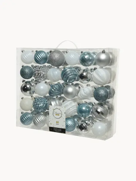 Set de bolas de Navidad irrompibles Nip, 60 uds., Azul petróleo, blanco, plateado, Ø 7 cm