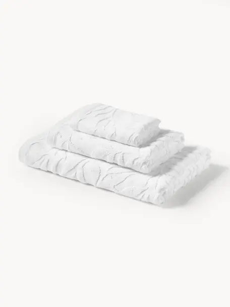 Lot de serviettes de bains en coton Leaf, 3 élém., Blanc, Lot de différentes tailles (serviette invité, serviette de toilette et drap de b