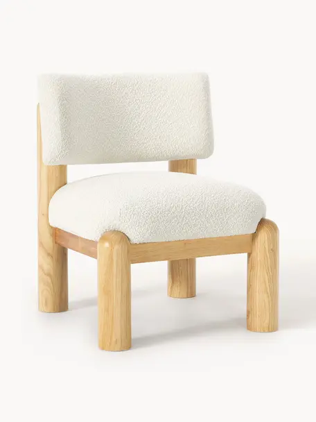 Bouclé loungefauteuil Findus, Bouclé wit, helder hout, B 60 x H 76 cm