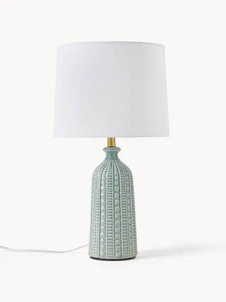 Große Keramik-Tischlampe Nizza, Lampenschirm: Textil, Lampenfuß: Keramik, Salbeigrün, Weiß, Ø 33 x H 60 cm