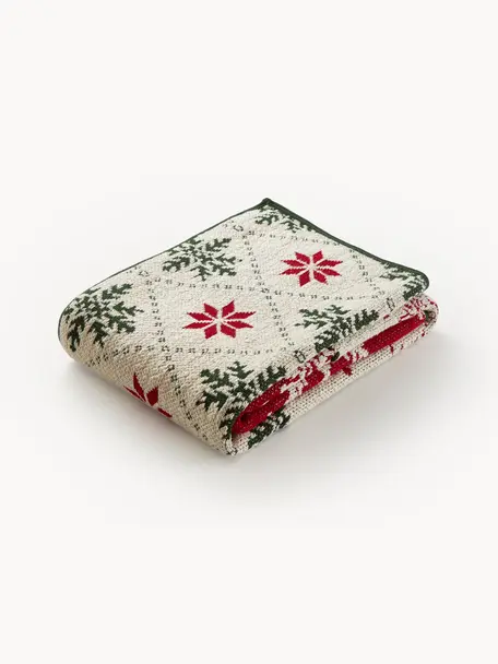 Plaid tricoté Noël Starry, 100 % coton, Beige clair, rouge, vert foncé, larg. 130 x long. 170 cm