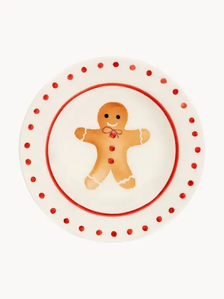 Plato de postre artesanal Sweet Gingerbread, Cerámica, Off White, rojo, beige, Ø 15 cm