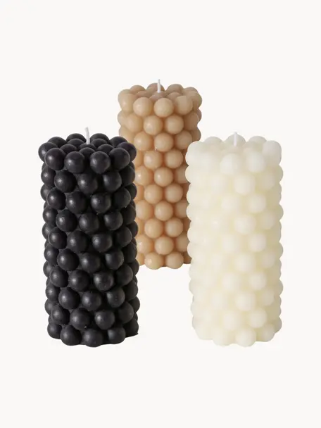 Bougies piliers de cire Pearls, 3 élém., haut. 14 cm, Cire, Blanc cassé, noir, beige, Ø 7 x haut. 14 cm