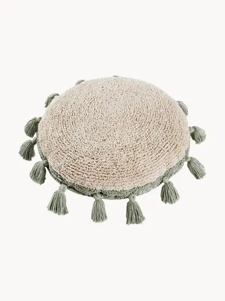 Ręcznie wykonana poduszka-przytulanka z frędzlami Circle, Tapicerka: 97% bawełna, 3% pozostałe, Jasny beżowy, szałwiowy zielony, Ø 48 cm