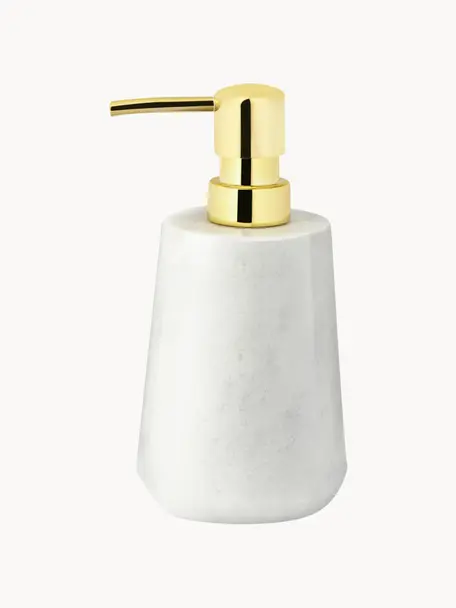Marmeren zeepdispenser Lux, Houder: marmer, Pompje: kunststof, Wit, gemarmerd, goudkleurig, Ø 8 x H 17 cm