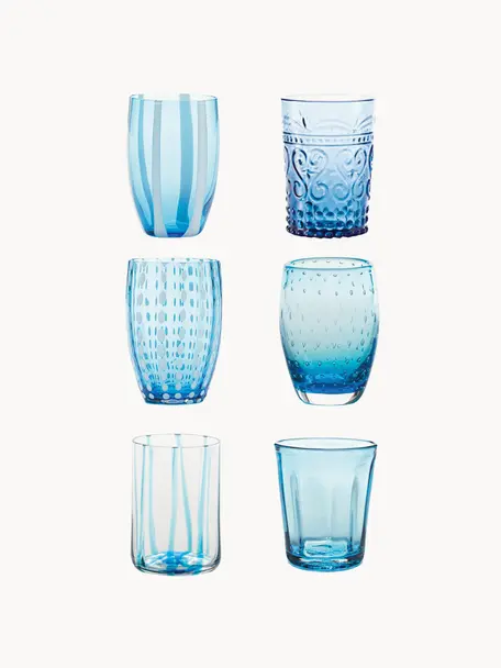 Handgefertigte Wassergläser Melting, 6er-Set, Glas, Hellblau, Transparent, Set mit verschiedenen Grössen